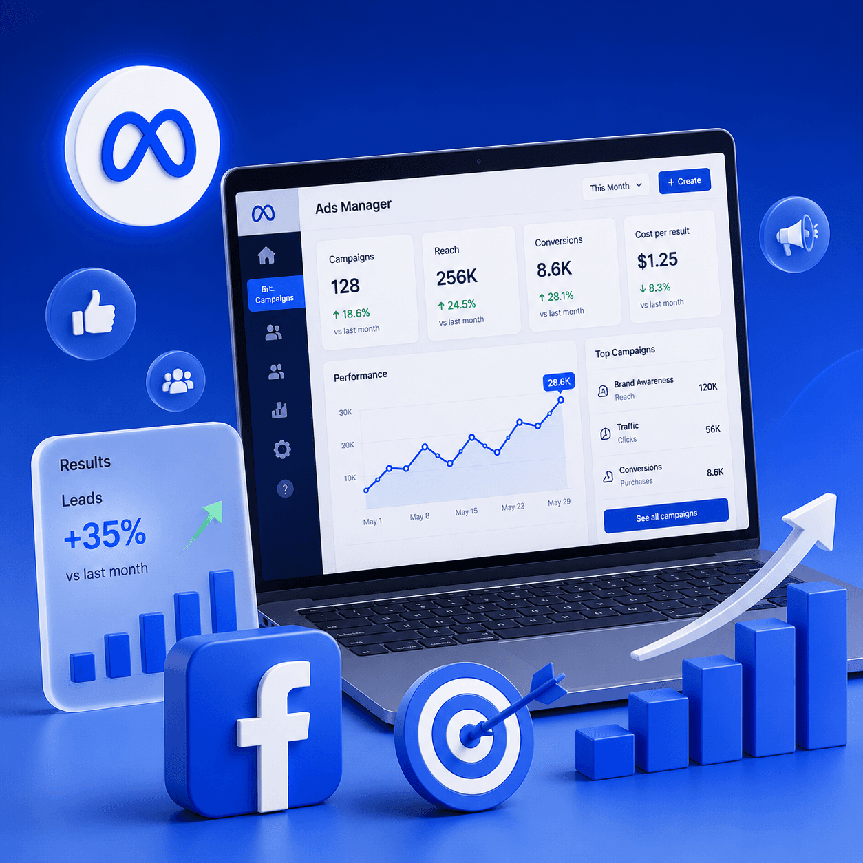 Minh hoạ dịch vụ Facebook & Meta của VIHA Group — quản lý Fanpage và quảng cáo Facebook Ads