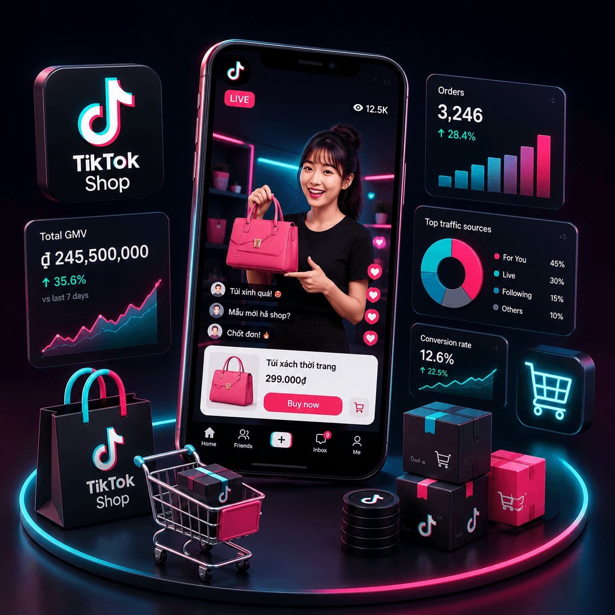 Minh hoạ dịch vụ TikTok Shop của VIHA Group — livestream bán hàng và quảng cáo TikTok Ads